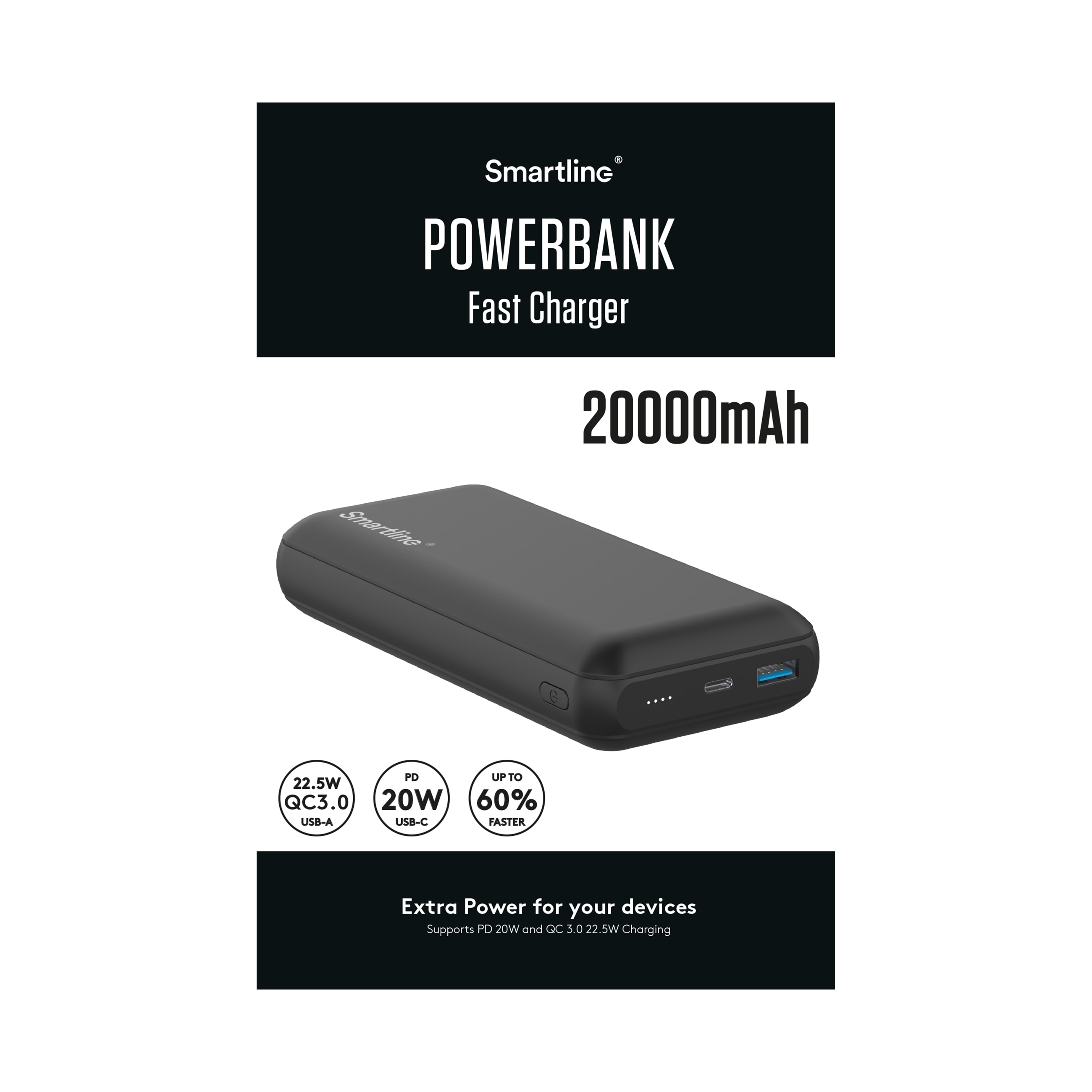 Powerbank 20000 mAh USB-A + USB-C PD Black