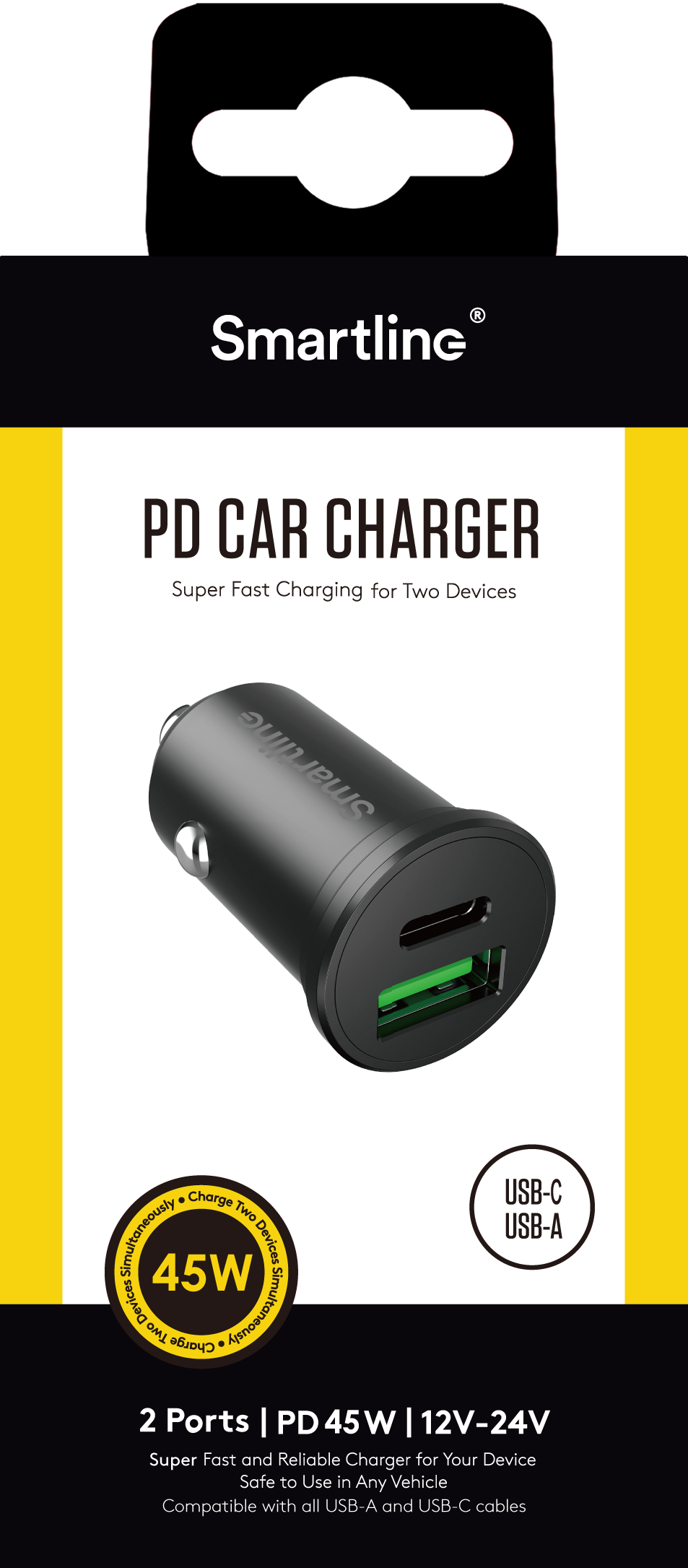 Dual Car Charger PD USB-C + USB-A 45W 12V-24V Black