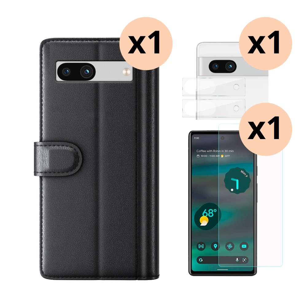 Google Pixel 7a Kit w. Wallet Case, Screen Protector and Lens Protector