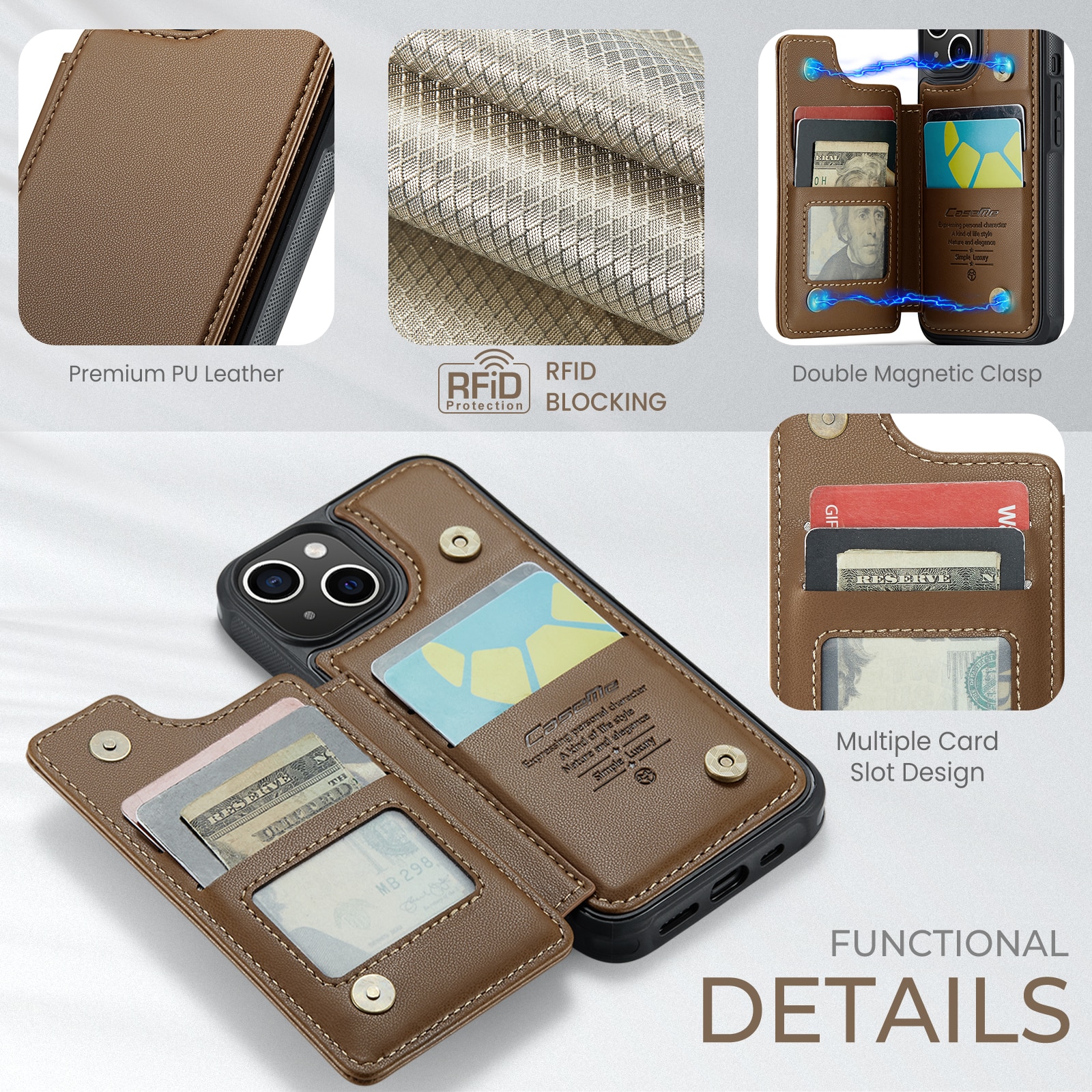 iPhone 15 RFID blocking Wallet Cover Brown