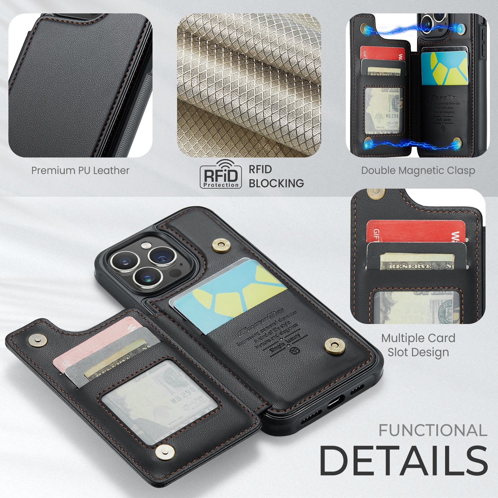 iPhone 15 Pro RFID blocking Wallet Cover Black