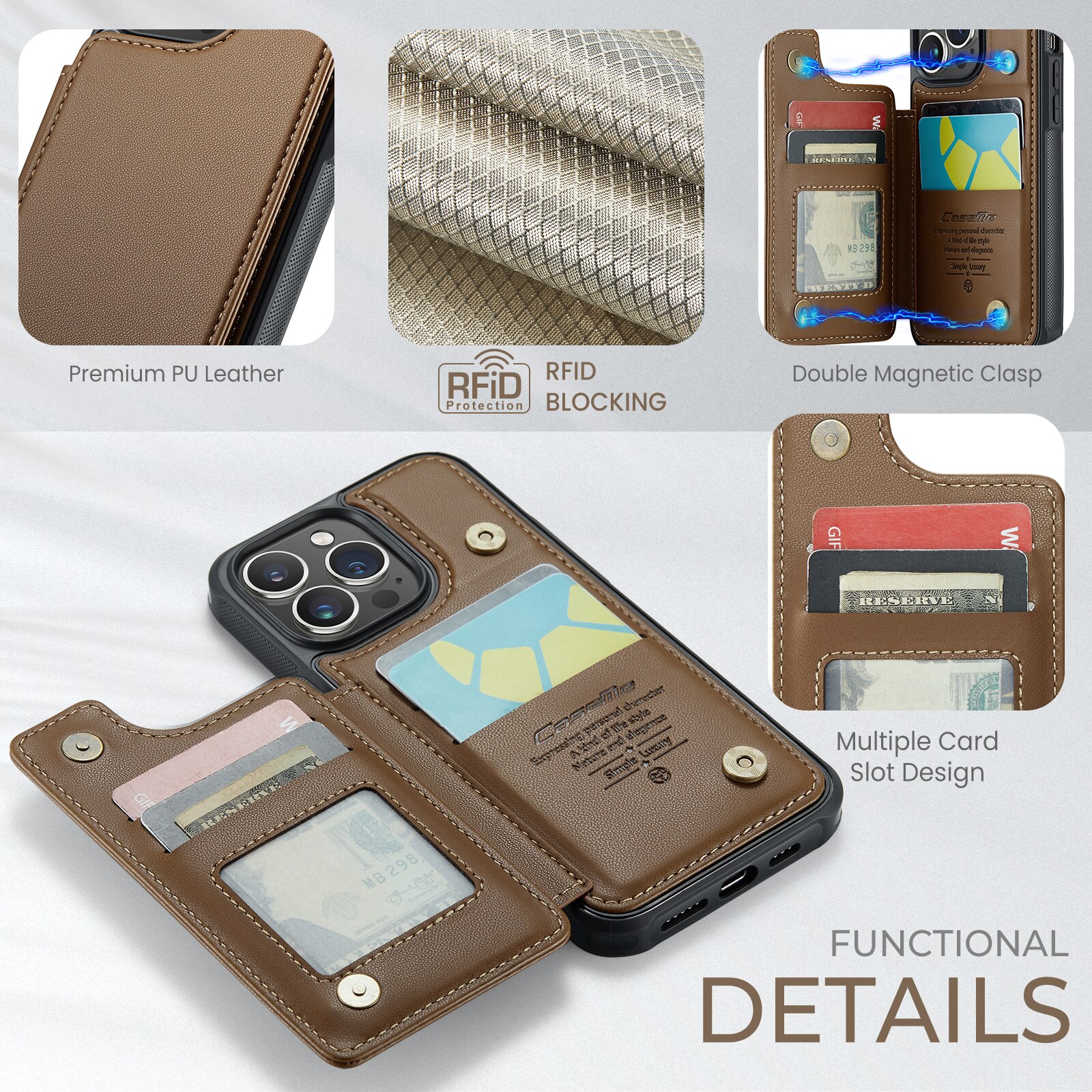 iPhone 15 Pro Max RFID blocking Wallet Cover Brown