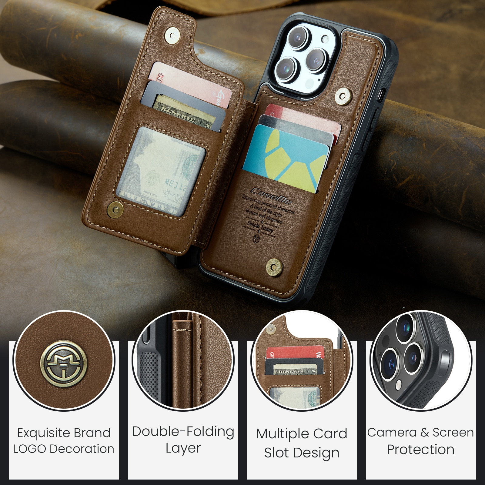 iPhone 15 Pro RFID blocking Wallet Cover Brown