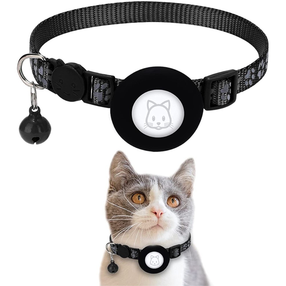 Apple AirTag Cat Collar with Reflective Paw Print Black