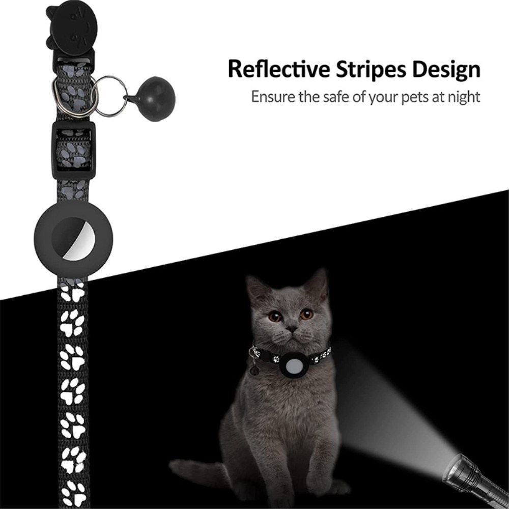 Apple AirTag Cat Collar with Reflective Paw Print Black