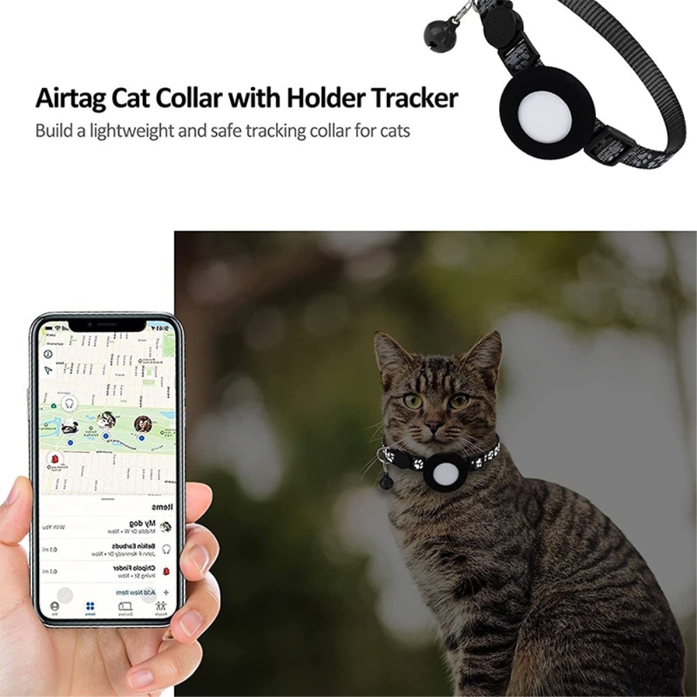 Apple AirTag Cat Collar with Reflective Paw Print Black
