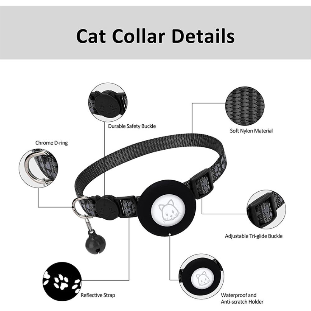 Apple AirTag Cat Collar with Reflective Paw Print Black