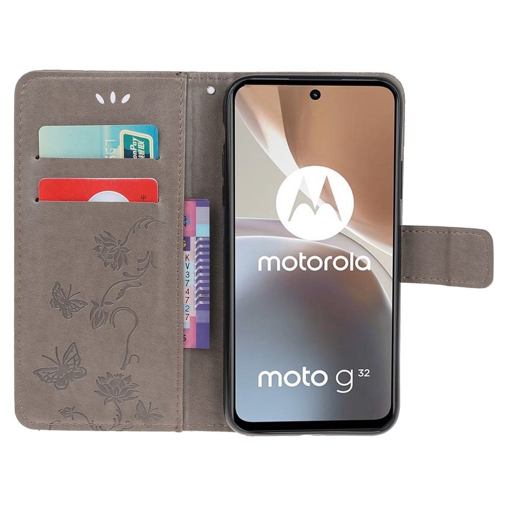 Motorola Moto G32 Leather Cover Imprinted Butterflies Grey