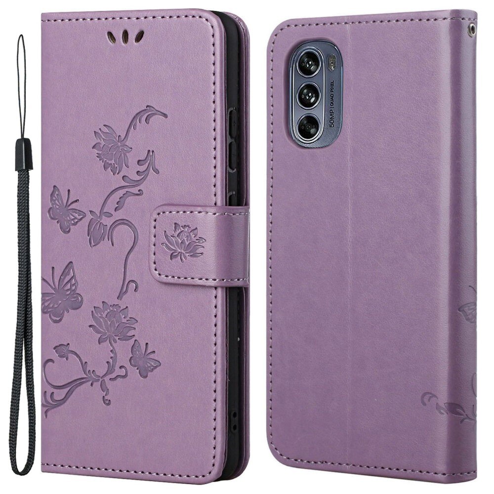 Motorola Moto G62 Leather Cover Imprinted Butterflies Purple