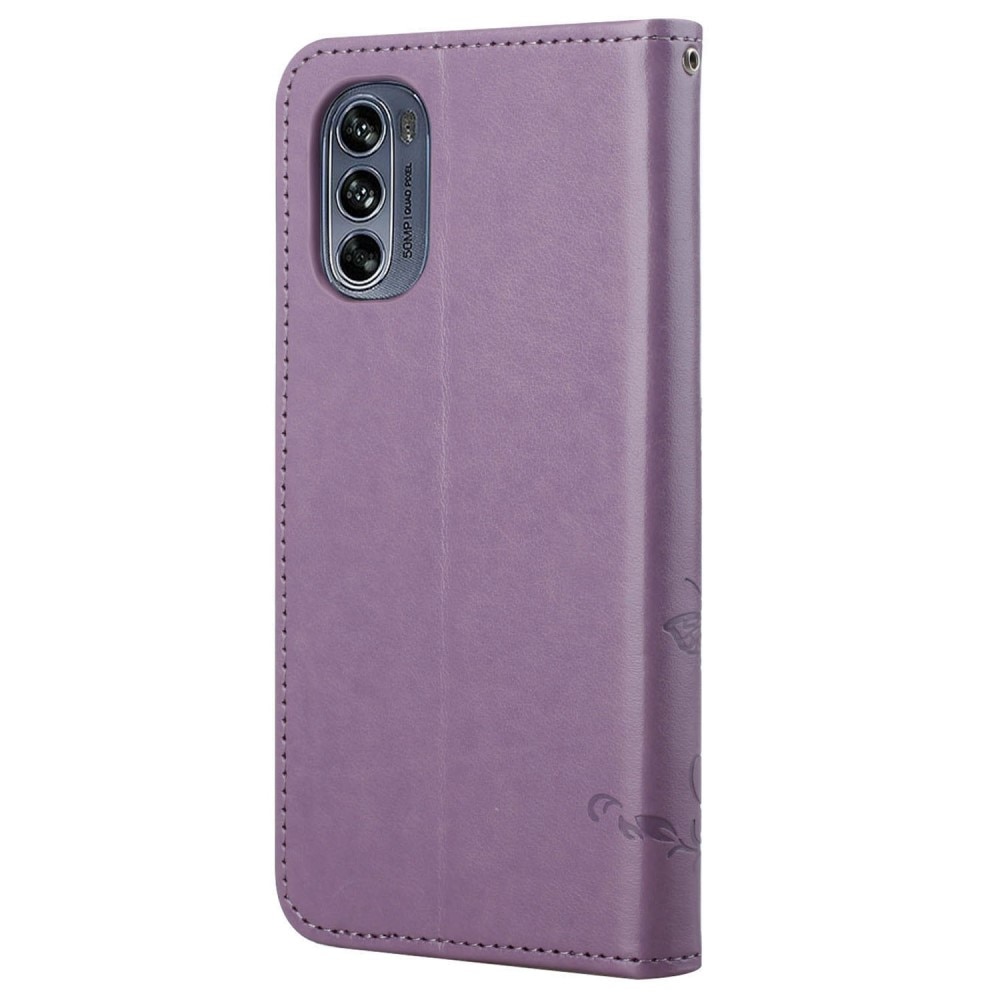 Motorola Moto G62 Leather Cover Imprinted Butterflies Purple