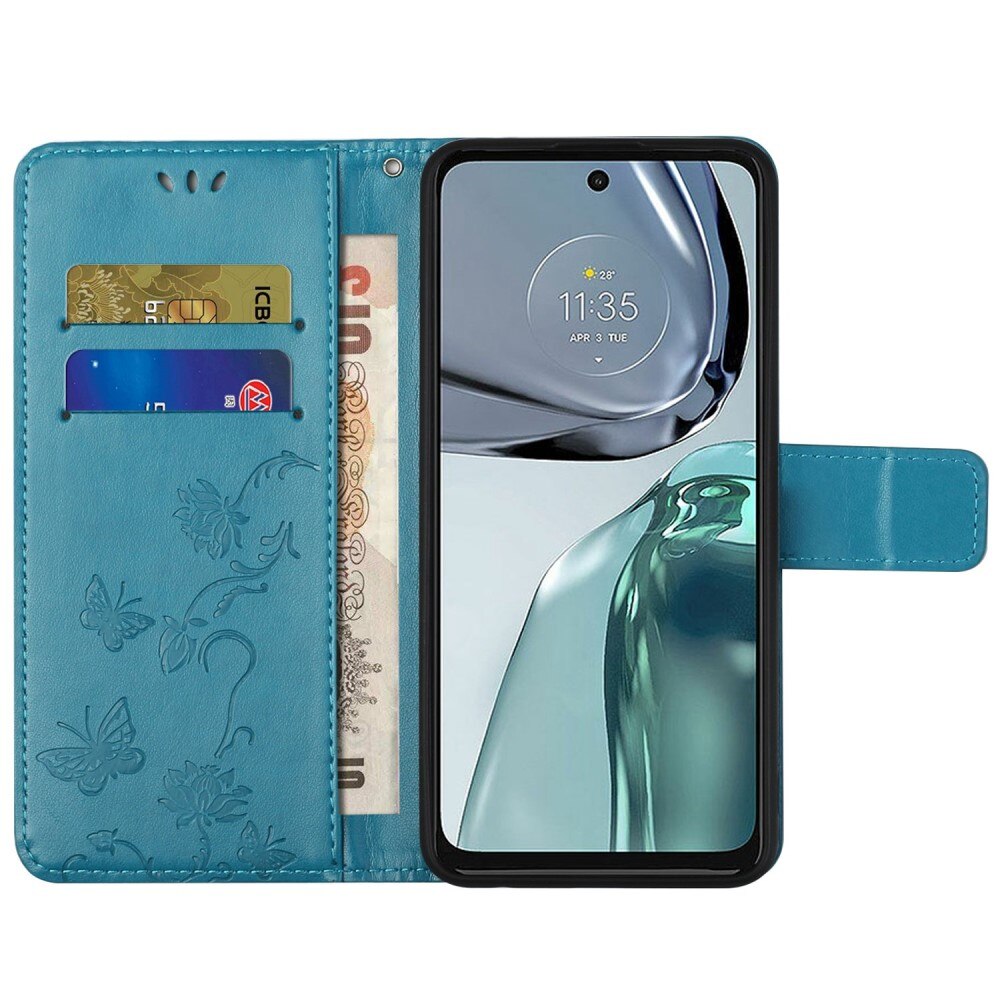 Motorola Moto G62 Leather Cover Imprinted Butterflies Blue