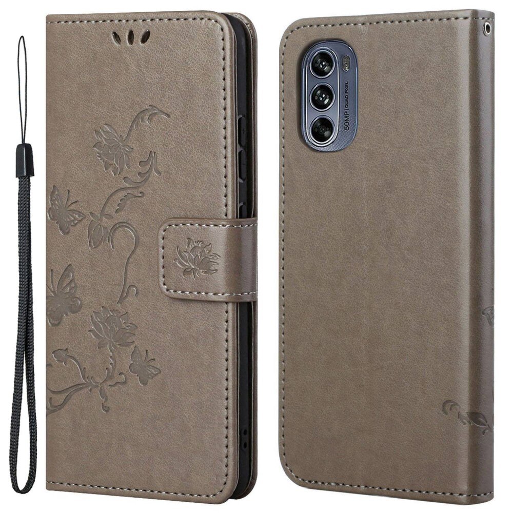 Motorola Moto G62 Leather Cover Imprinted Butterflies Grey