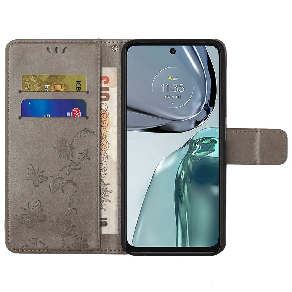 Motorola Moto G62 Leather Cover Imprinted Butterflies Grey