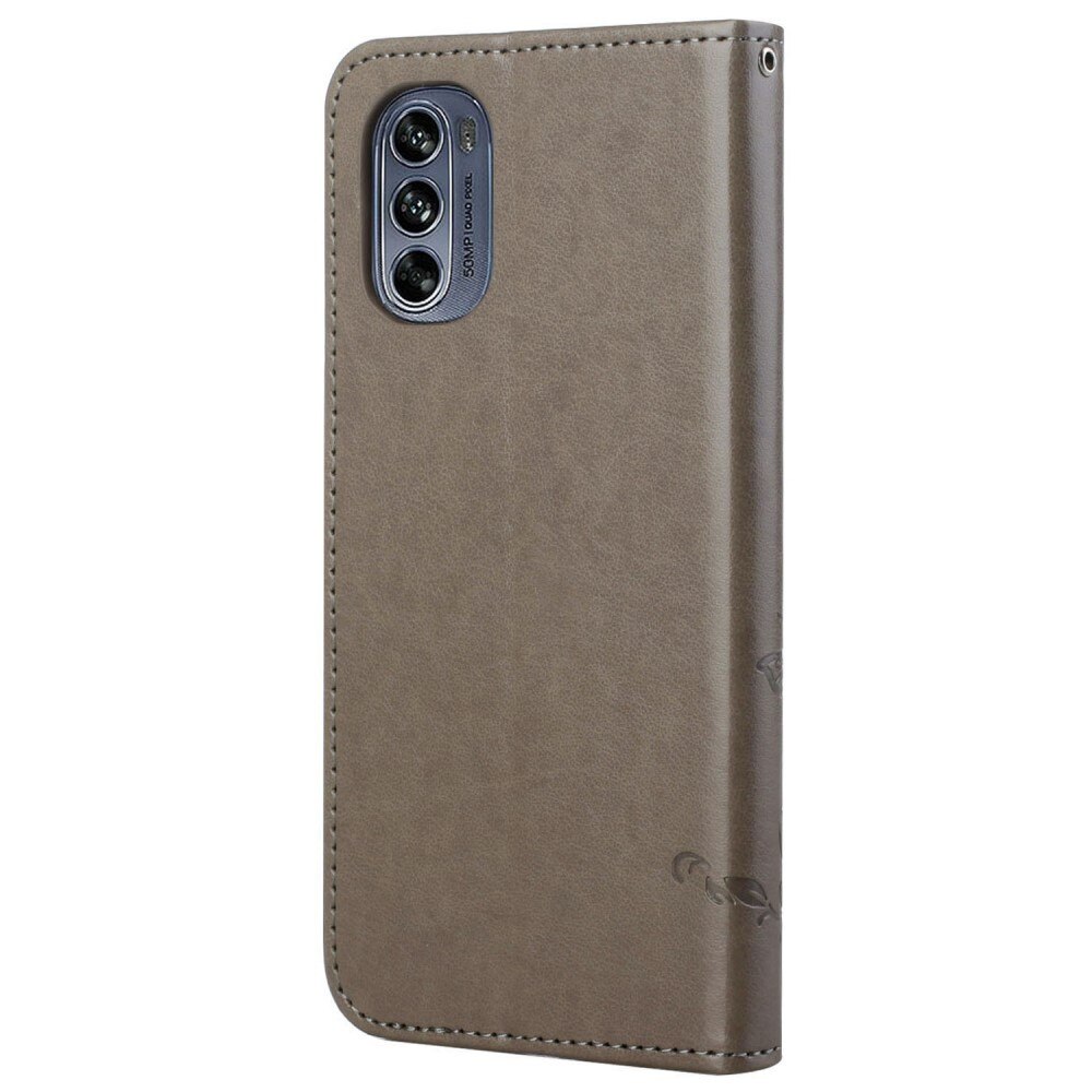 Motorola Moto G62 Leather Cover Imprinted Butterflies Grey