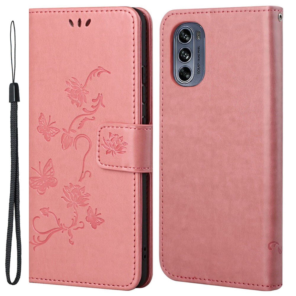 Motorola Moto G62 Leather Cover Imprinted Butterflies Pink