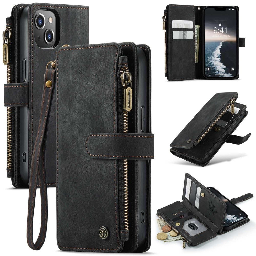 iPhone 14 Zipper Wallet Book Cover Black