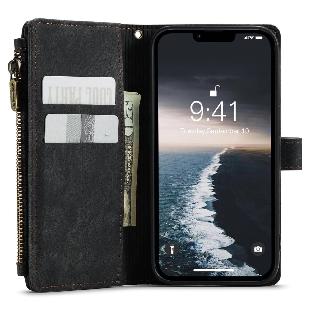 iPhone 14 Zipper Wallet Book Cover Black