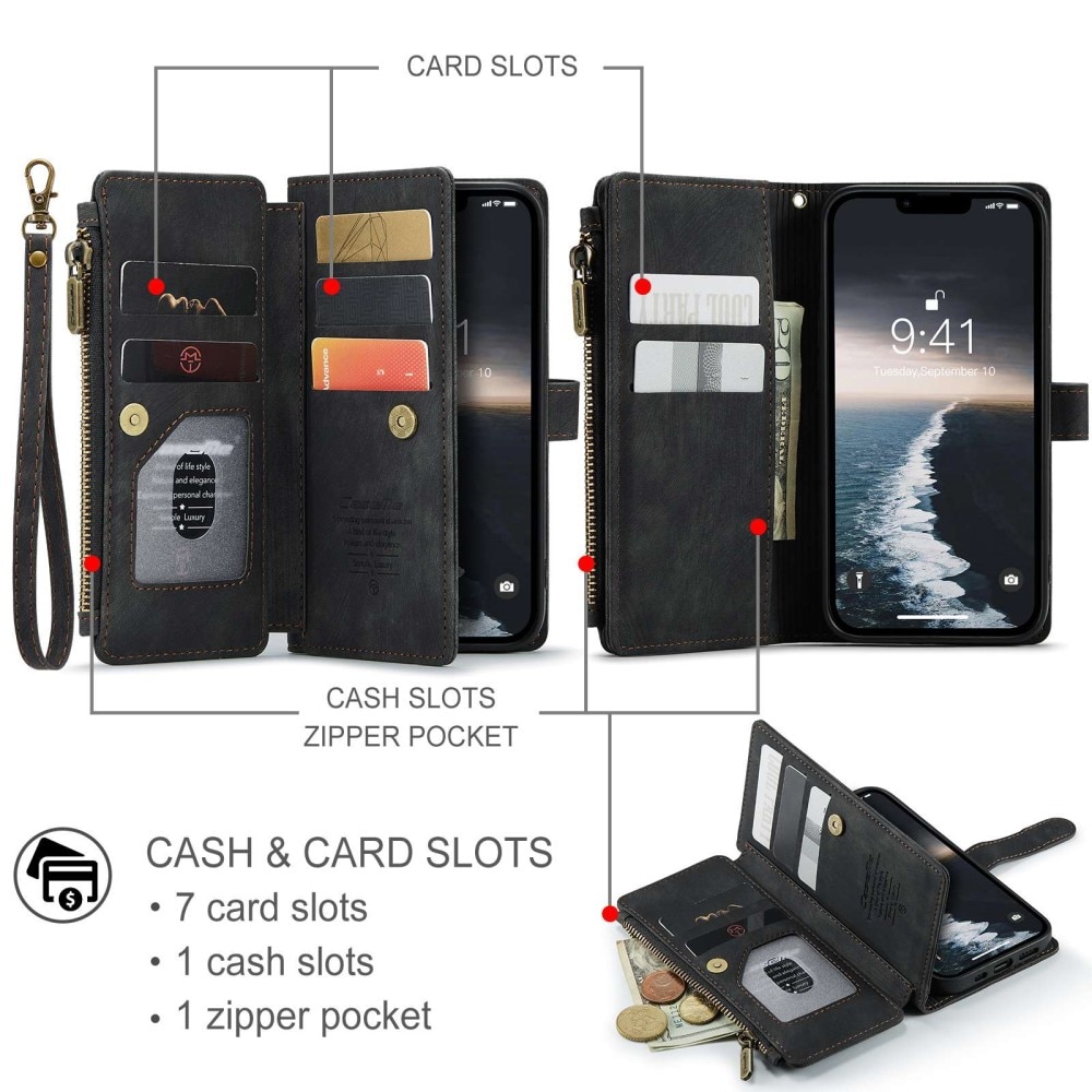 iPhone 14 Zipper Wallet Book Cover Black