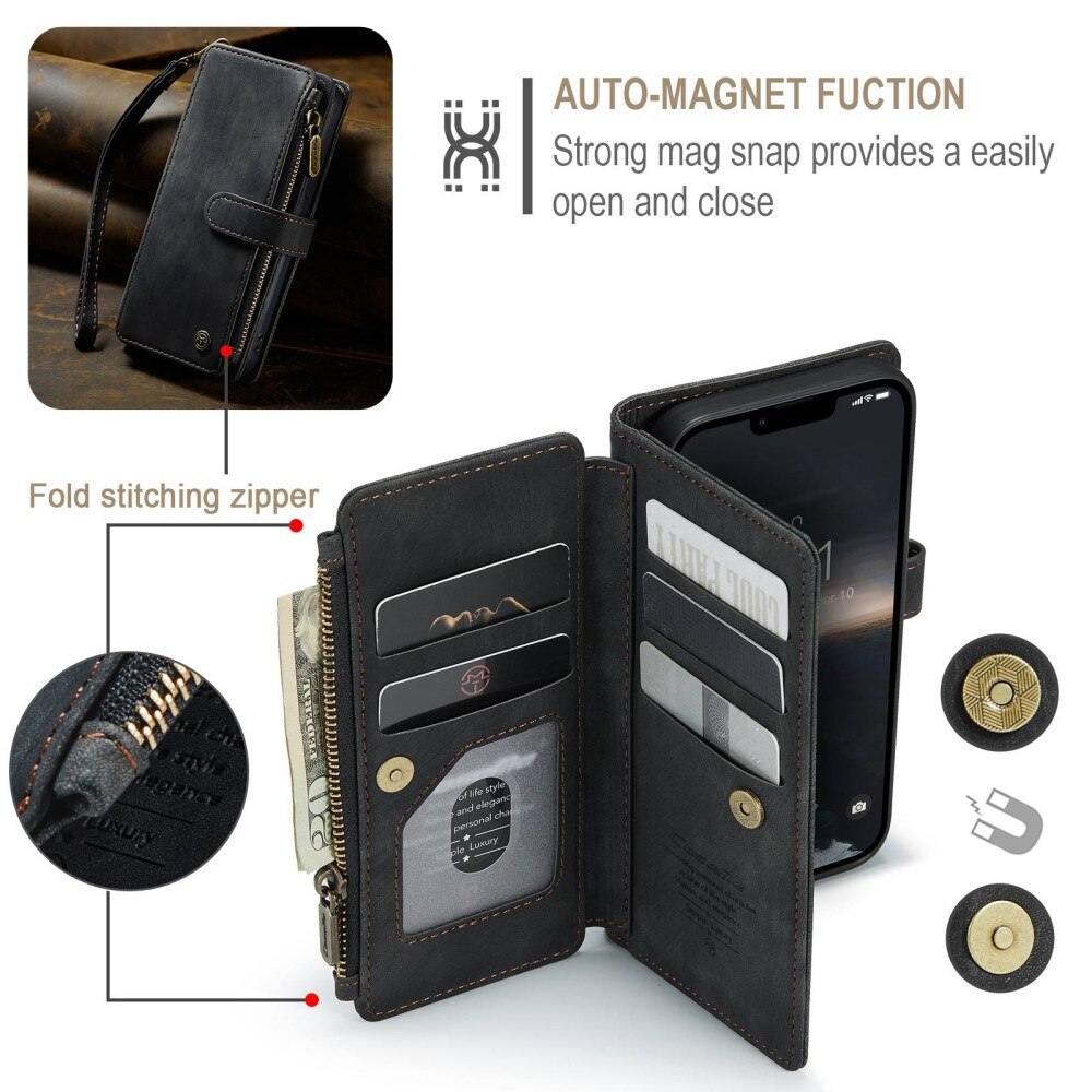 iPhone 14 Zipper Wallet Book Cover Black