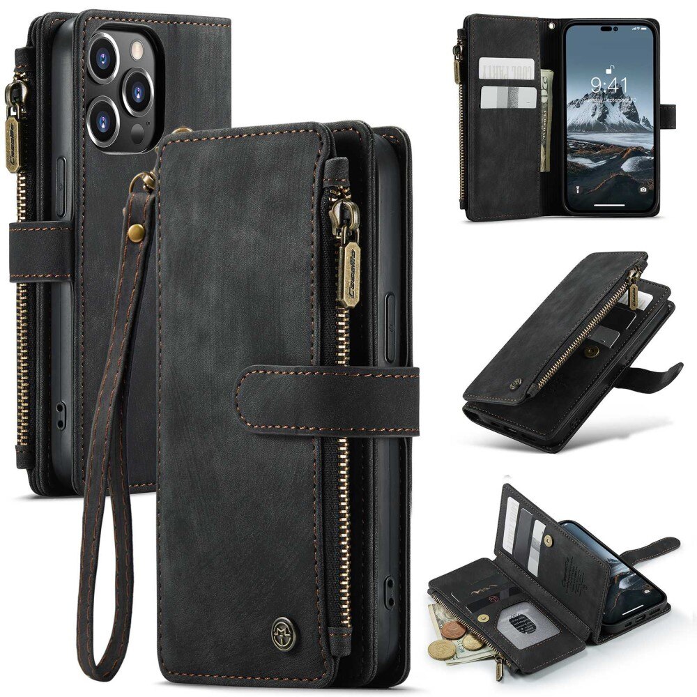 iPhone 14 Pro Zipper Wallet Book Cover Black