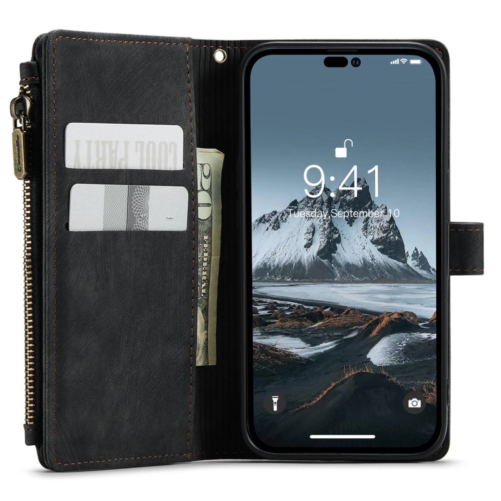 iPhone 14 Pro Zipper Wallet Book Cover Black