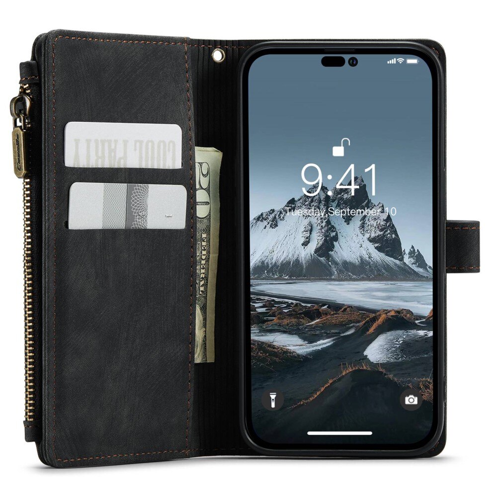 iPhone 14 Pro Zipper Wallet Book Cover Black
