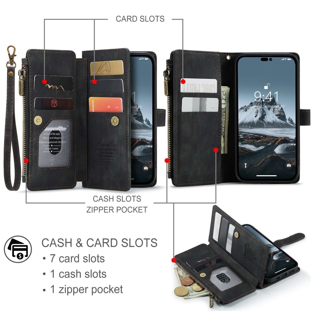 iPhone 14 Pro Zipper Wallet Book Cover Black