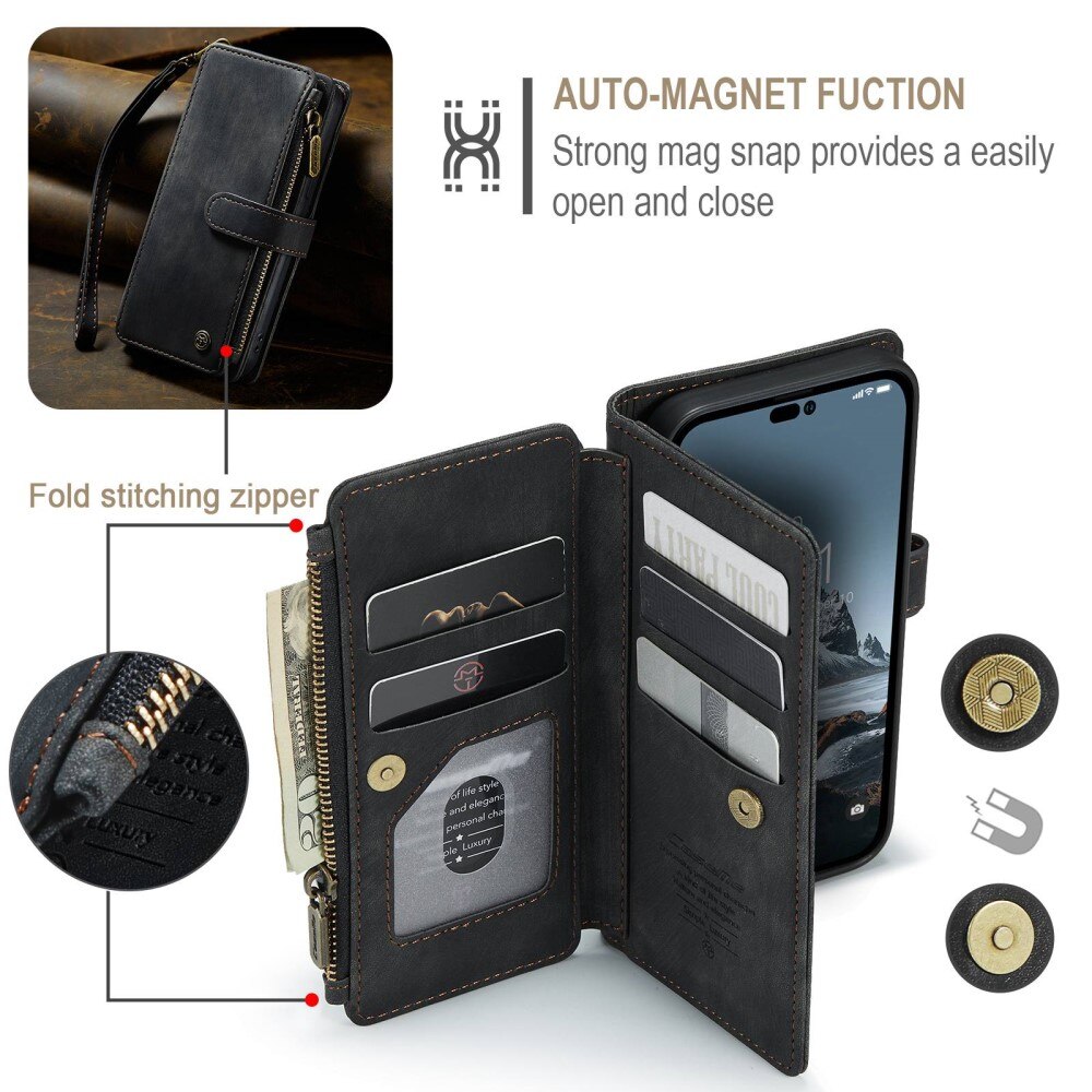 iPhone 14 Pro Zipper Wallet Book Cover Black