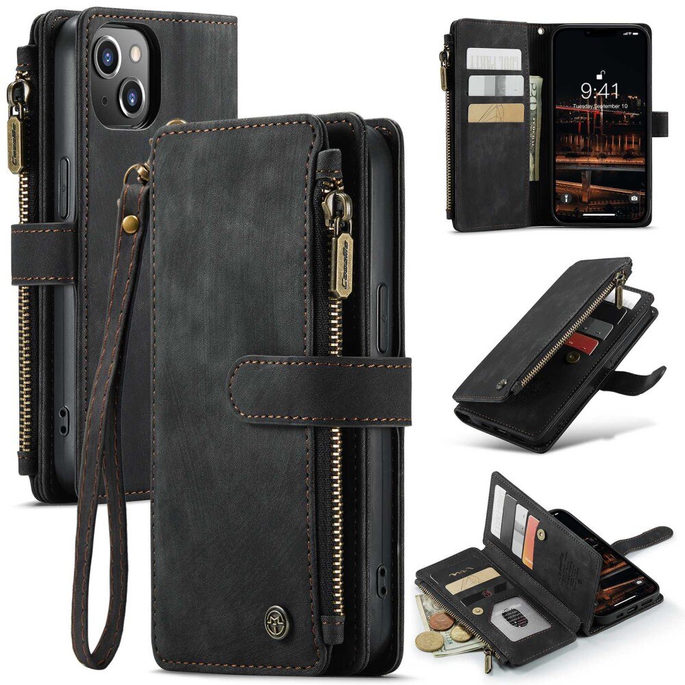 iPhone 14 Plus Zipper Wallet Book Cover Black