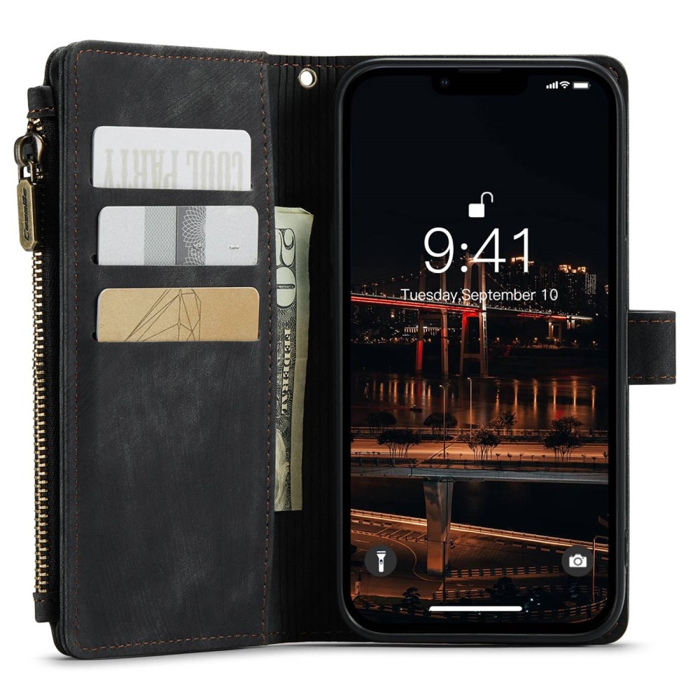 iPhone 14 Plus Zipper Wallet Book Cover Black