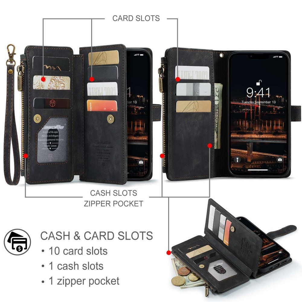 iPhone 14 Plus Zipper Wallet Book Cover Black