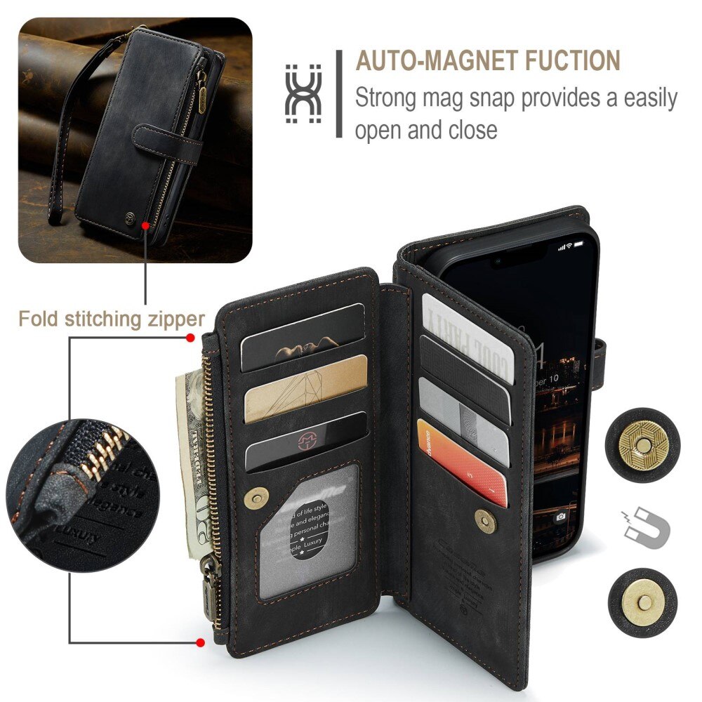 iPhone 14 Plus Zipper Wallet Book Cover Black