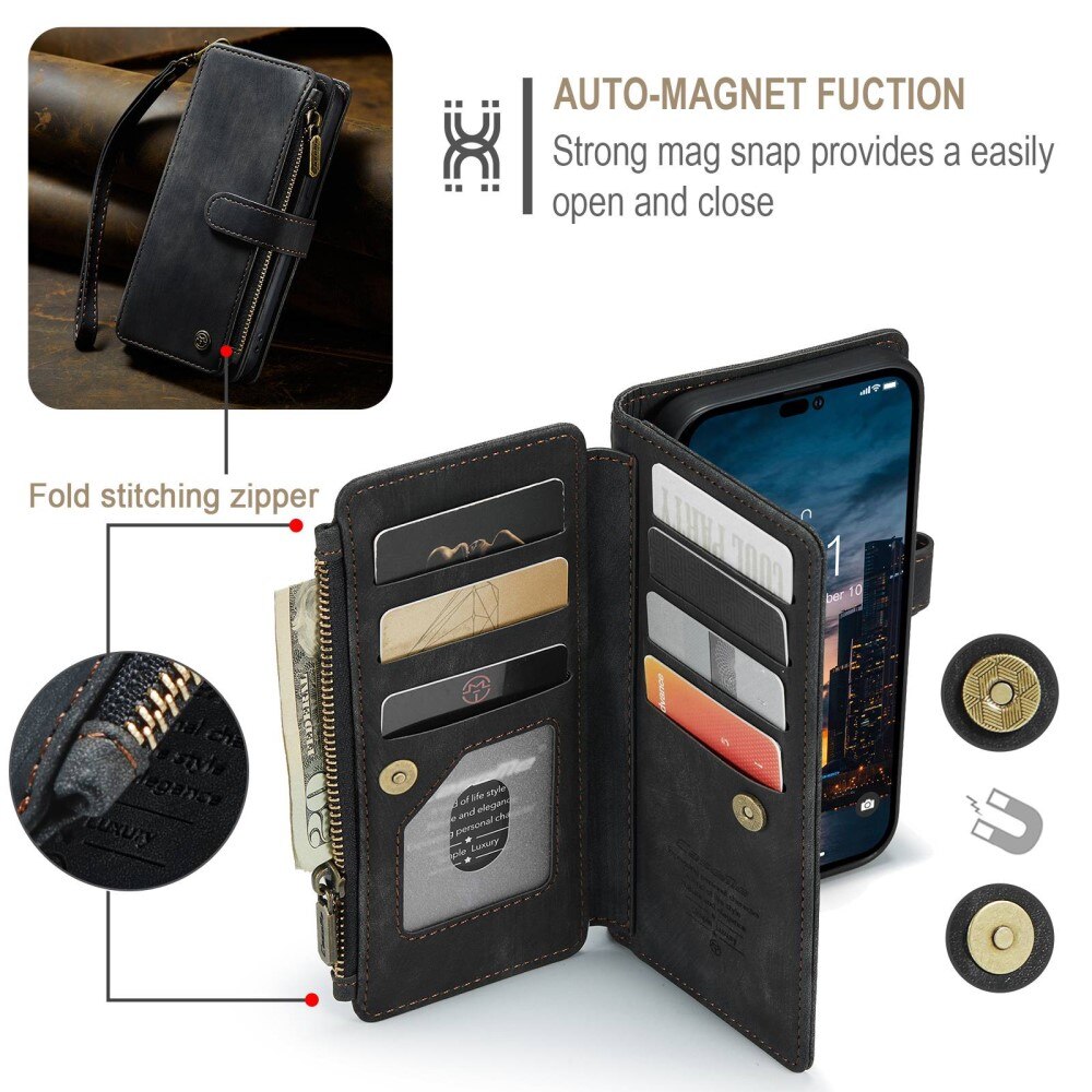 iPhone 14 Pro Max Zipper Wallet Book Cover Black