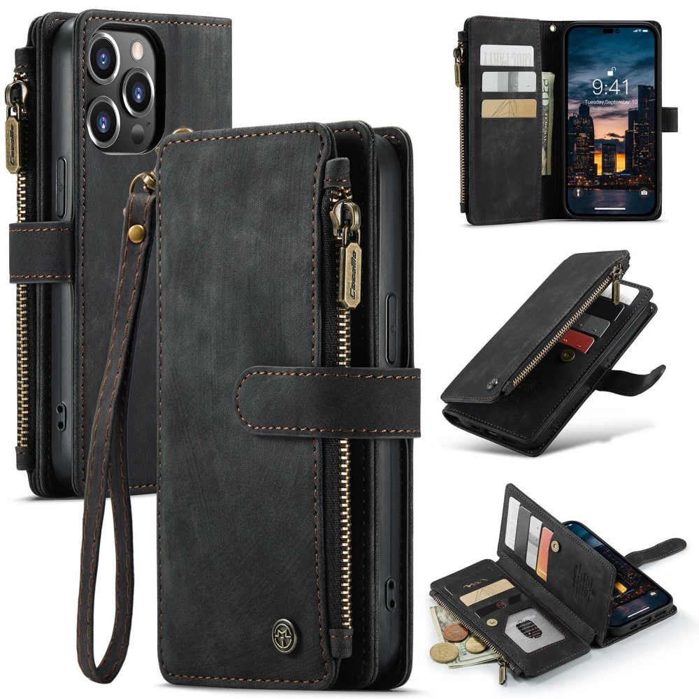 iPhone 14 Pro Max Zipper Wallet Book Cover Black