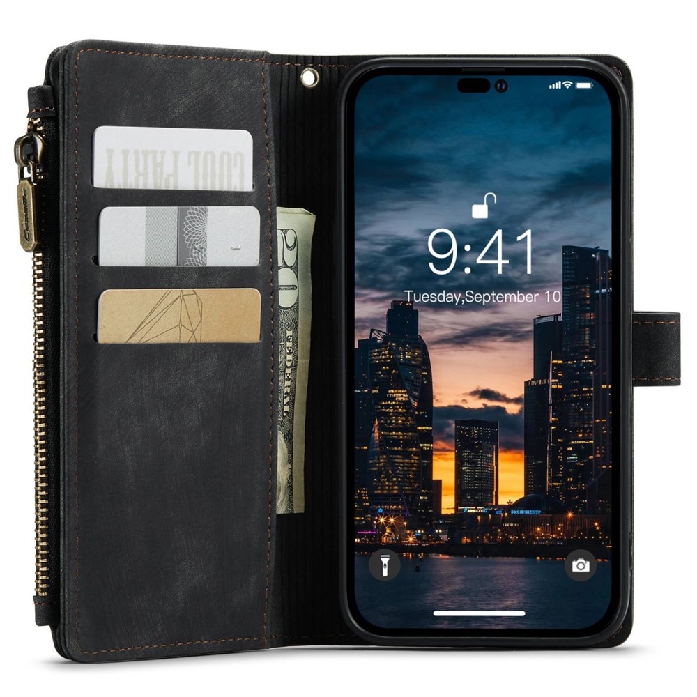 iPhone 14 Pro Max Zipper Wallet Book Cover Black