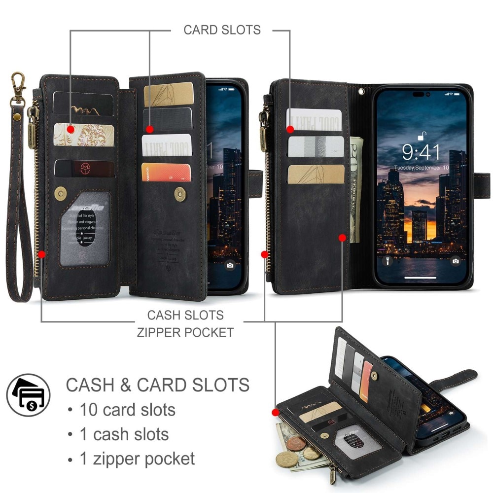 iPhone 14 Pro Max Zipper Wallet Book Cover Black