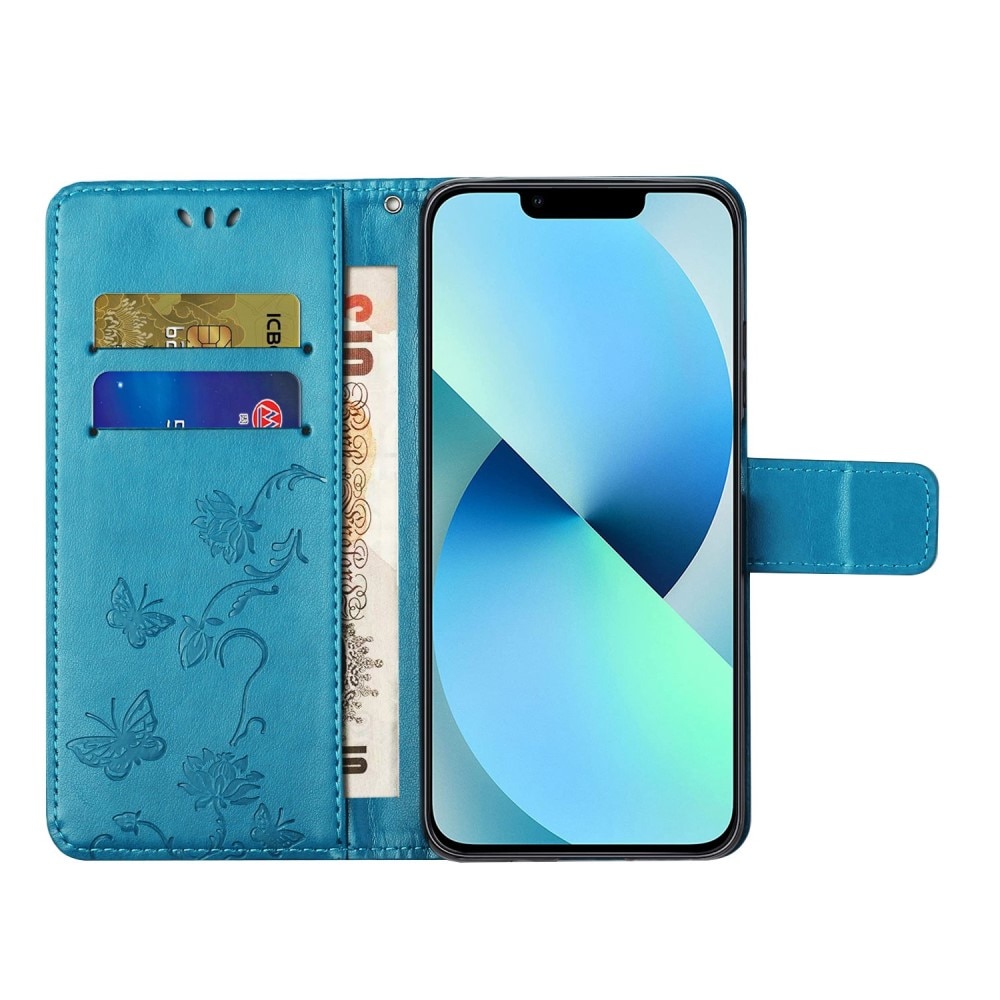 iPhone 14 Leather Cover Imprinted Butterflies Blue