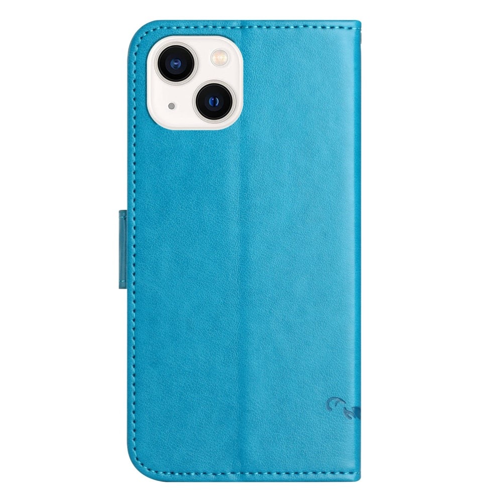 iPhone 14 Leather Cover Imprinted Butterflies Blue