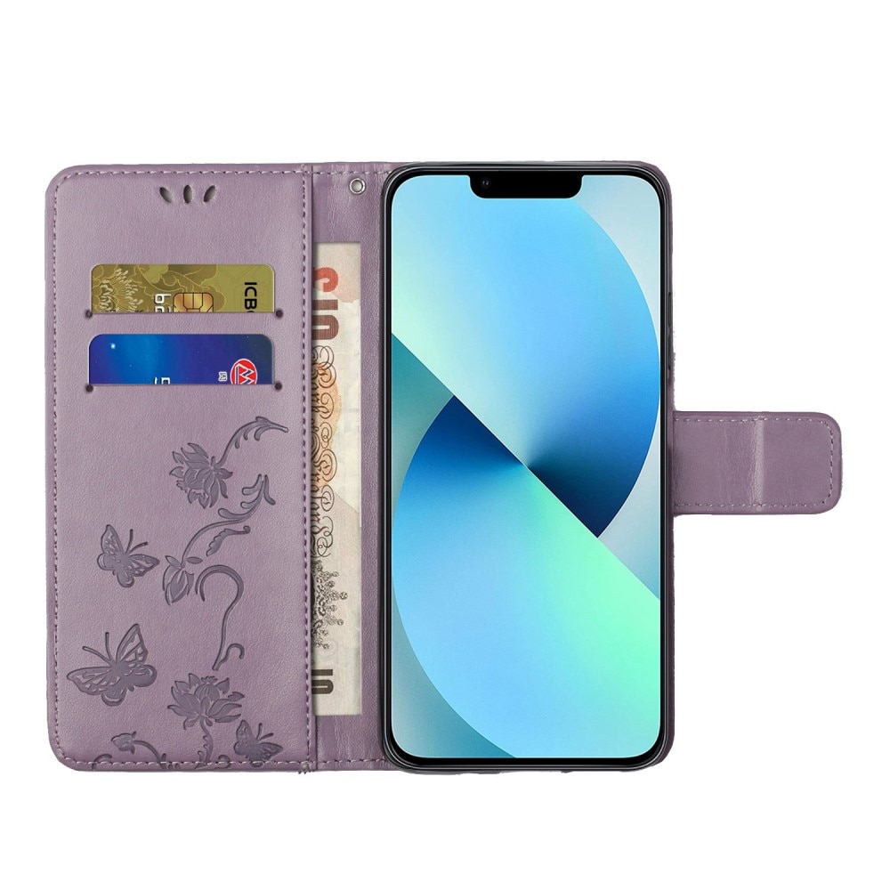 iPhone 14 Leather Cover Imprinted Butterflies Purple