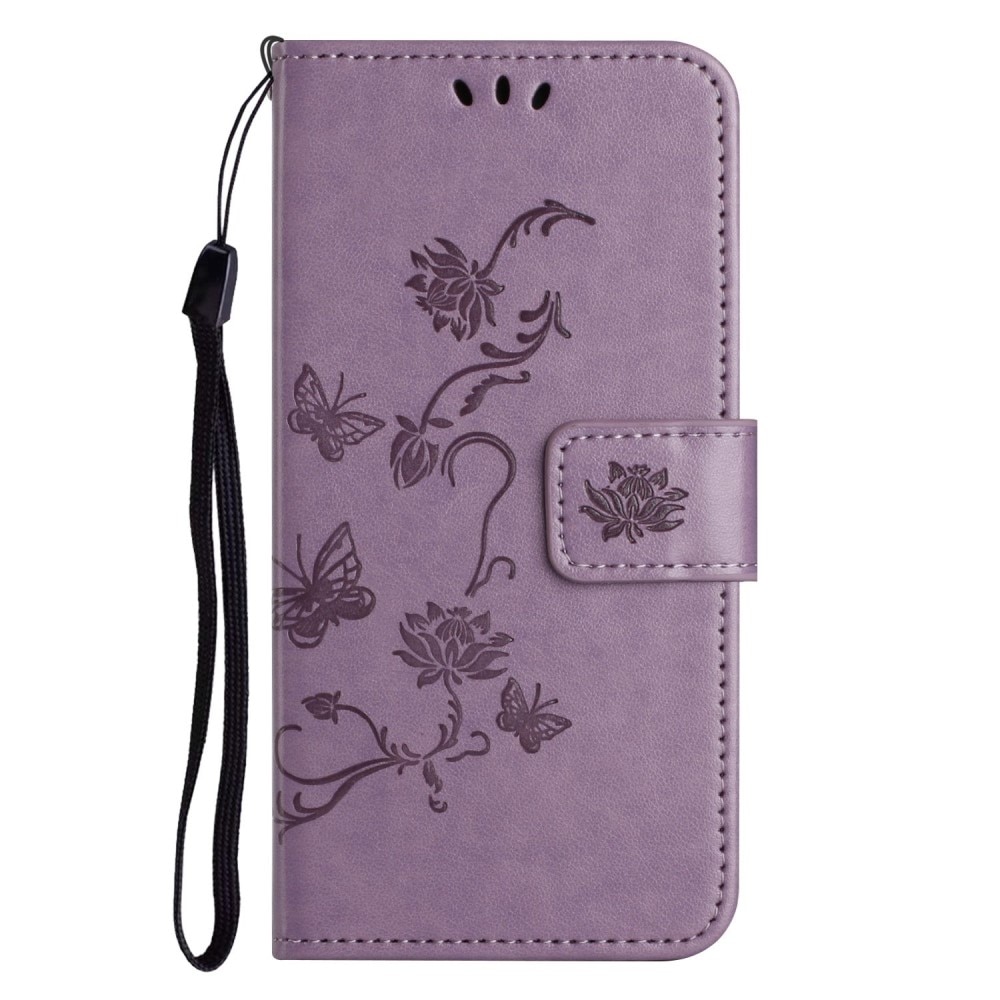 iPhone 14 Leather Cover Imprinted Butterflies Purple