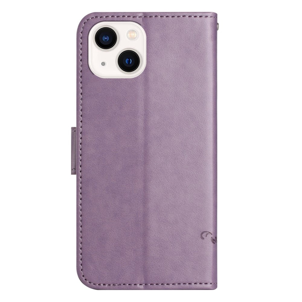 iPhone 14 Leather Cover Imprinted Butterflies Purple