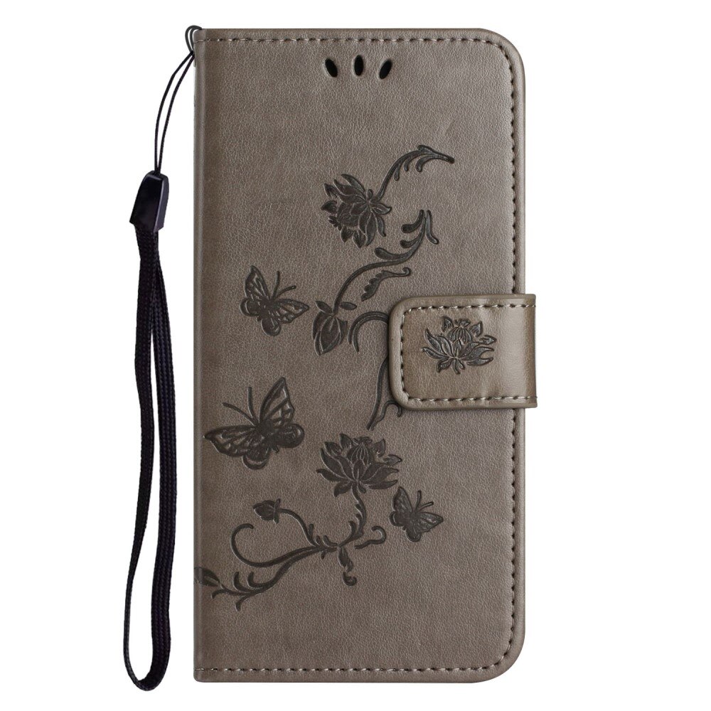 iPhone 14 Leather Cover Imprinted Butterflies Grey