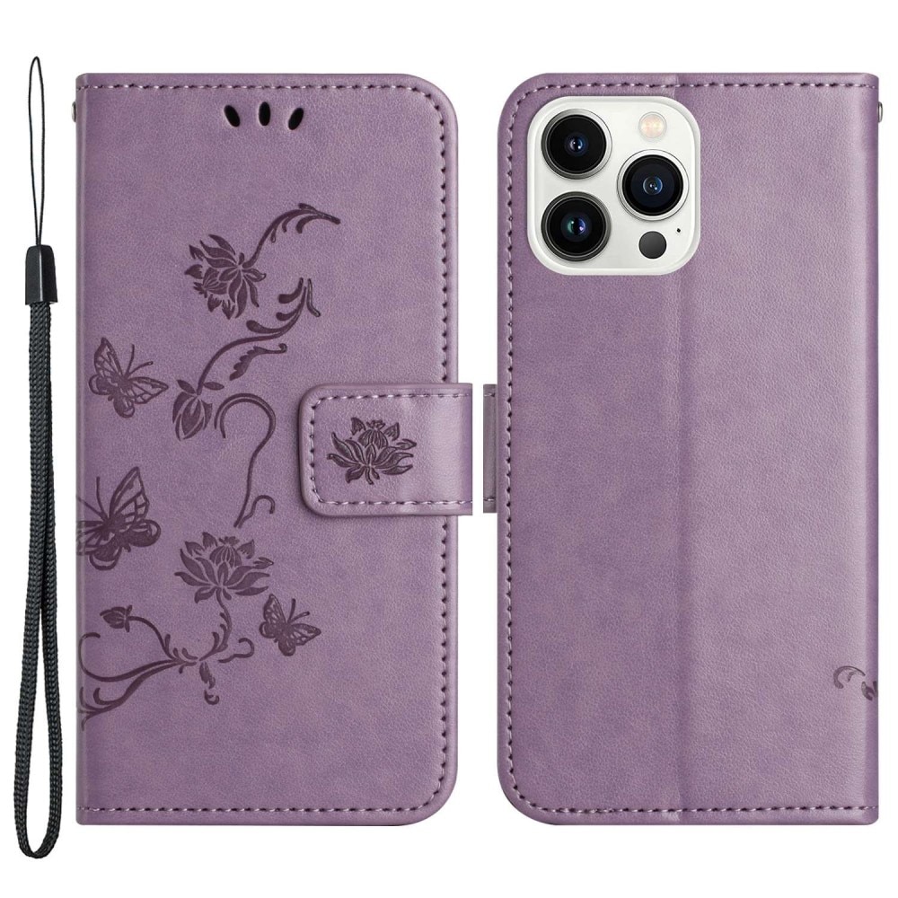 iPhone 14 Pro Leather Cover Imprinted Butterflies Purple