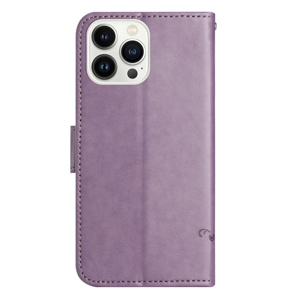 iPhone 14 Pro Leather Cover Imprinted Butterflies Purple