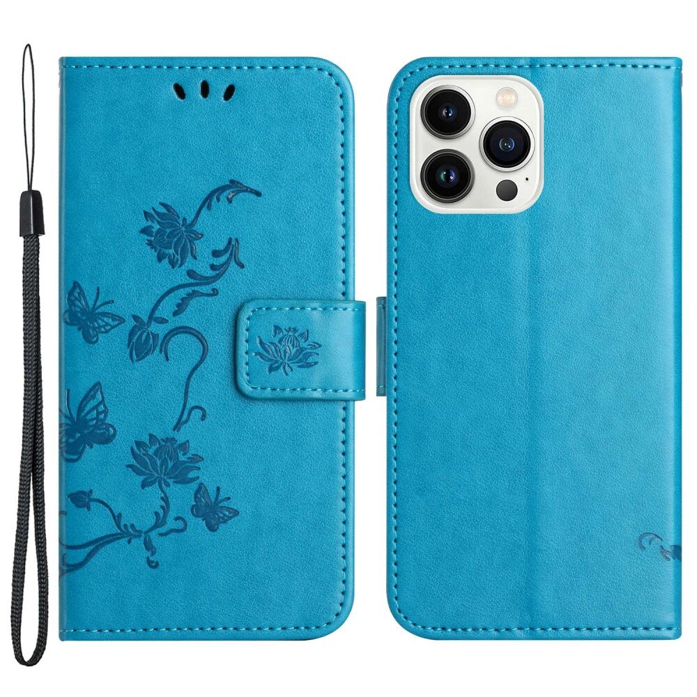 iPhone 14 Pro Leather Cover Imprinted Butterflies Blue