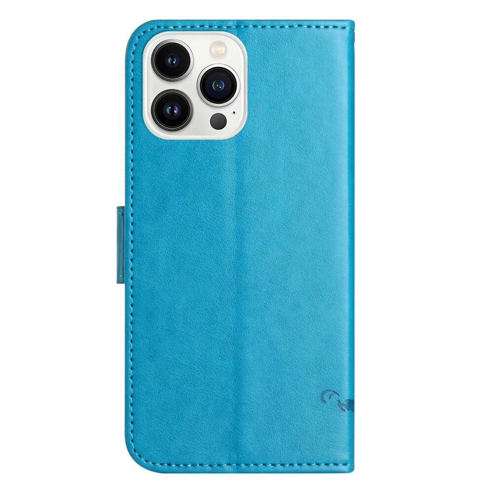 iPhone 14 Pro Leather Cover Imprinted Butterflies Blue