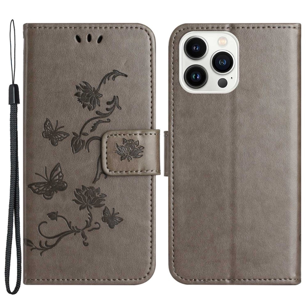 iPhone 14 Pro Leather Cover Imprinted Butterflies Grey