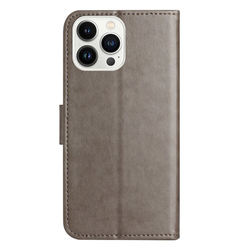 iPhone 14 Pro Leather Cover Imprinted Butterflies Grey