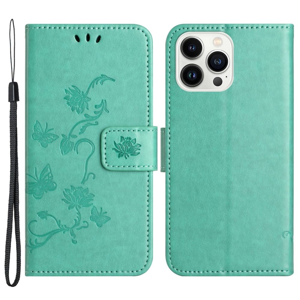 iPhone 14 Pro Leather Cover Imprinted Butterflies Green