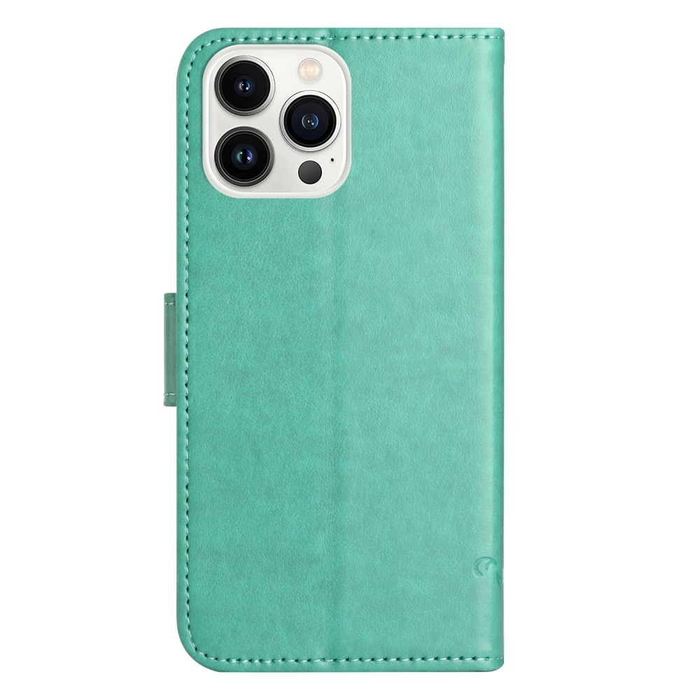 iPhone 14 Pro Leather Cover Imprinted Butterflies Green